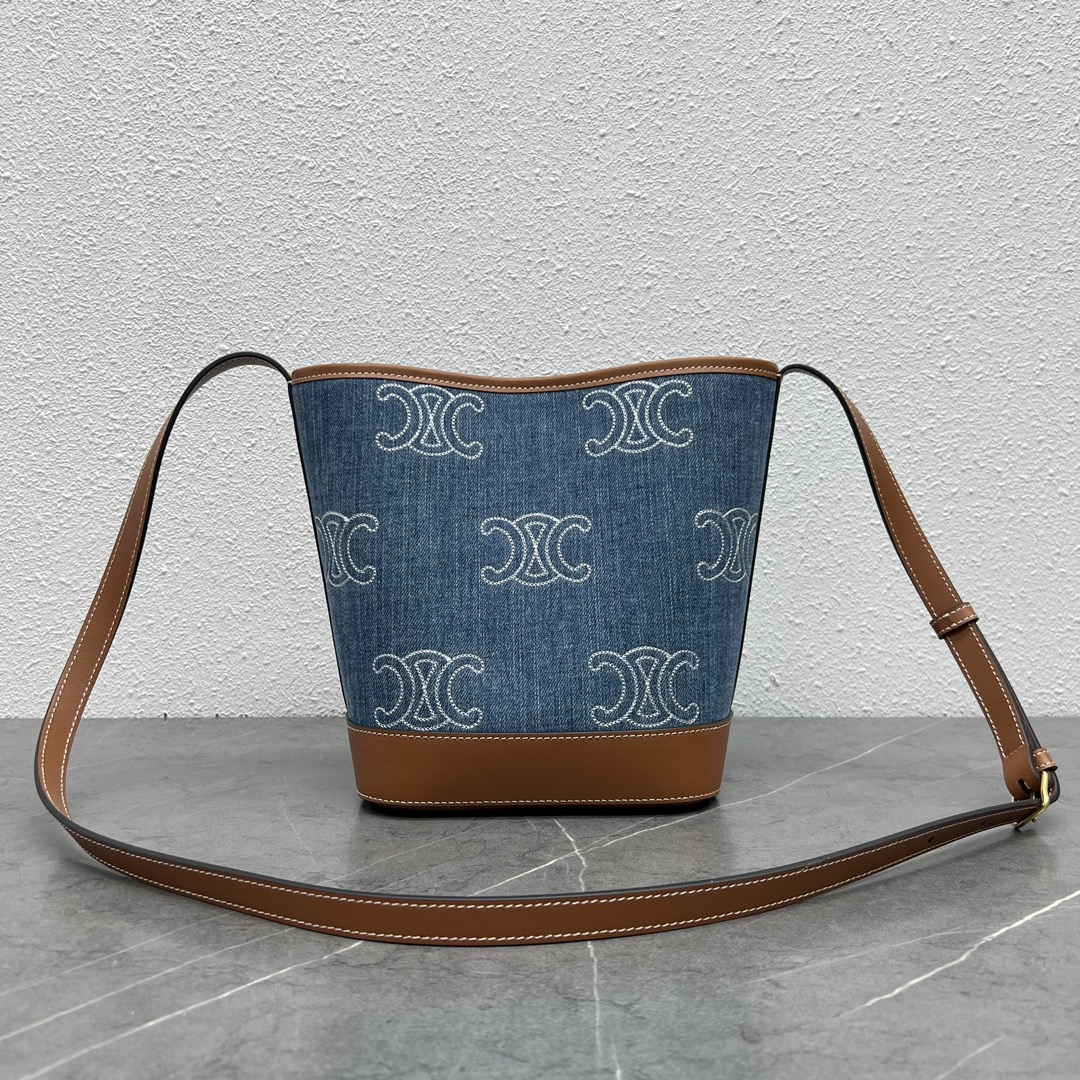 Celine Small Bucket Cuir Triomphe Shoulder Bag In Denim With Triomphe All-Over Embroidery And Calfskin Navy/Tan 198243